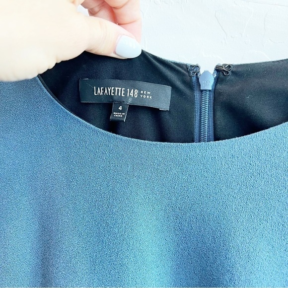 Lafayette 148 Women’s One Shoulder Ruffle Crepe Dress Tie Waist Blue Work 4 - Picture 5 of 7